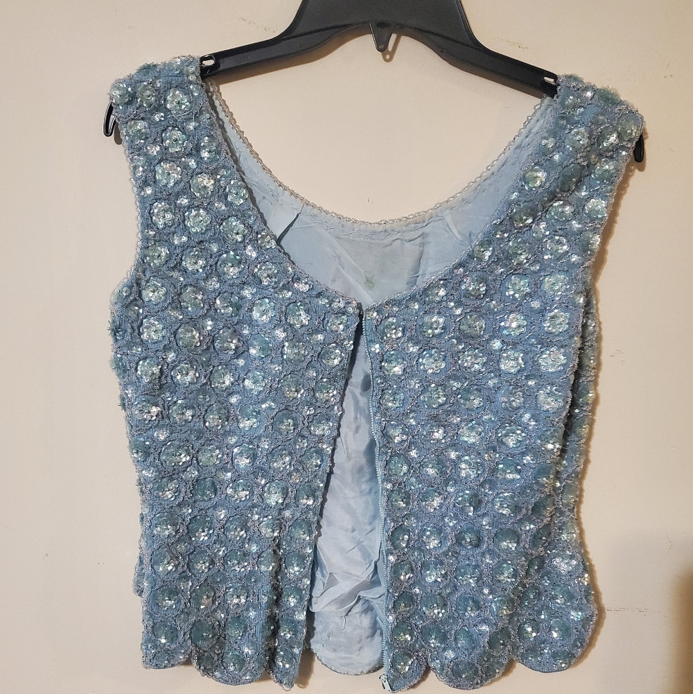 Stunning 1960s Beaded Wool Extravagent Elegant Top Blue Sweater Tank Embellished